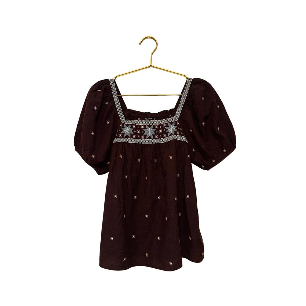 Madewell Embroidered Crinkle Cotton Bubble-Sleeve Top - size XS